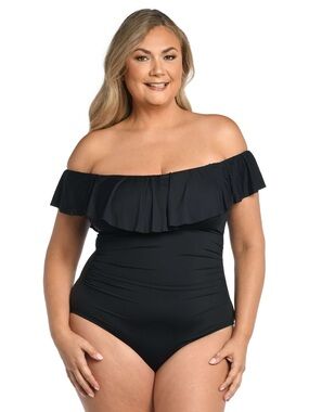 NEW La Blanca Black Island Goddess Off Shoulder Ruffle One Piece Size 20